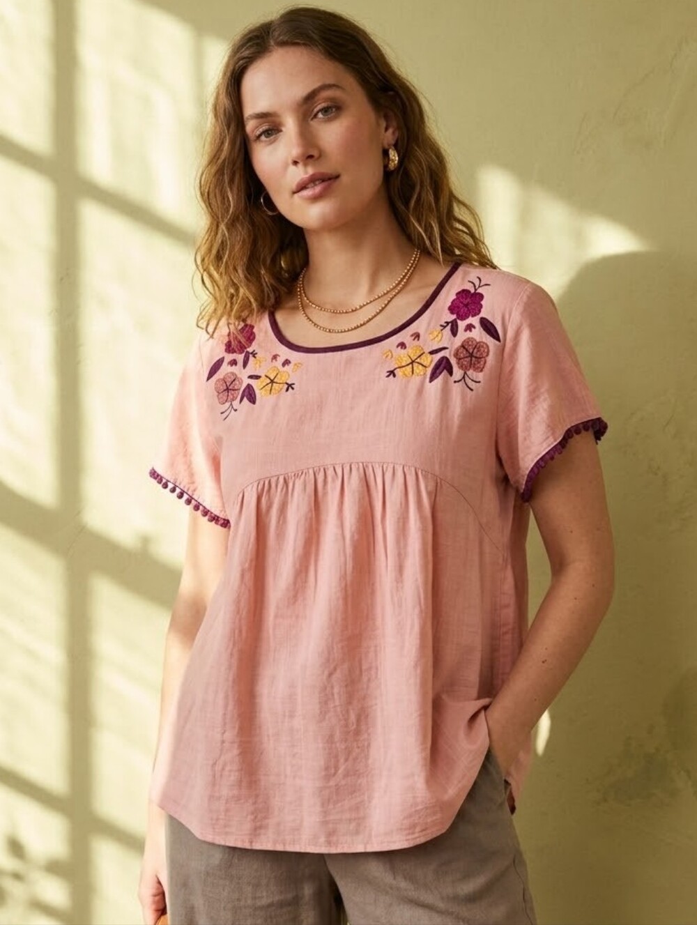 LuLaRoe Pink Embroidered Cotton Peasant Blouse Boho Cottagecore Top L
